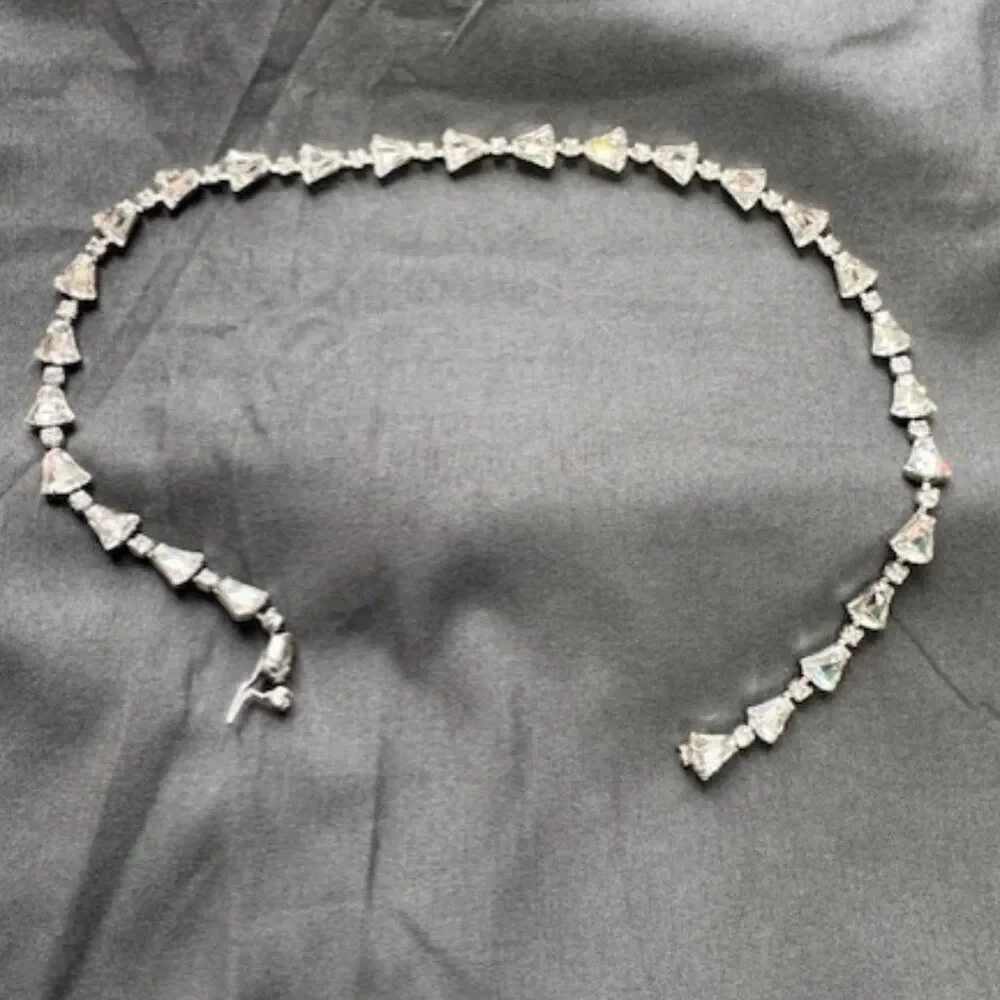Silver Tone Clear Triangle Cut Glass Stone Tennis Style Bracelet w Accents 15